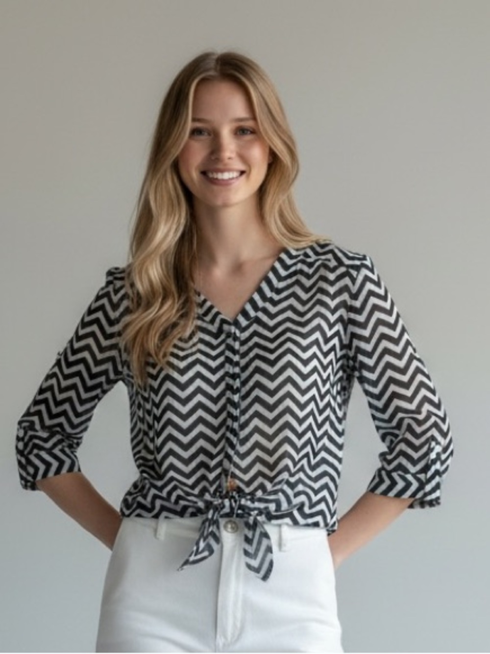 Bongo Black‎ White Chevron Blouse Medium